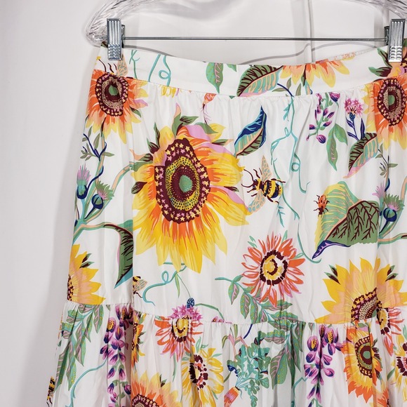 Elie Tahari Women Sunflower Bee Print Tiered Maxi Skirt White Yellow Large - Picture 2 of 9